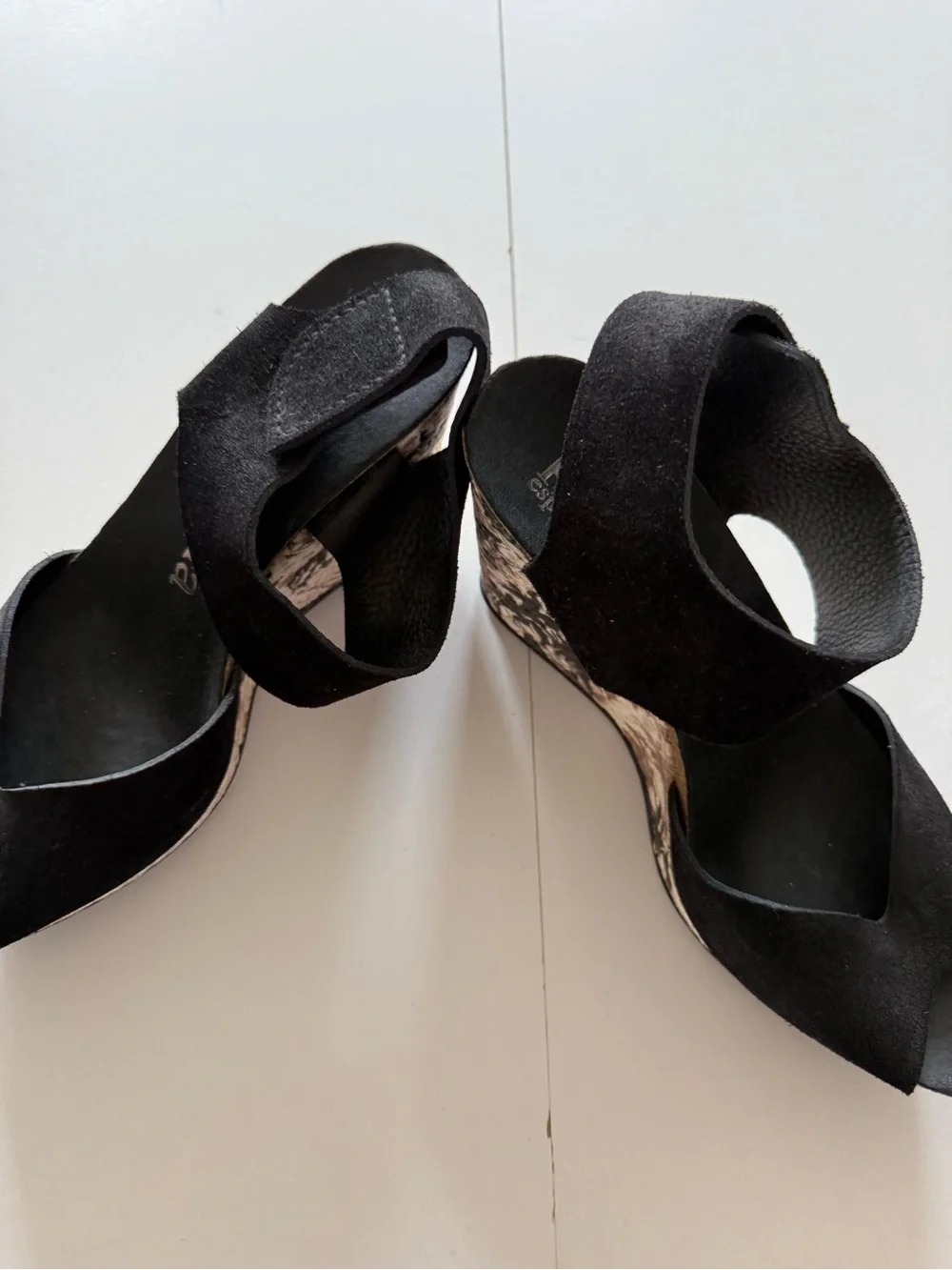 Pedro Garcia Black Suede Wedge Sandals with Patterned Cork Platform